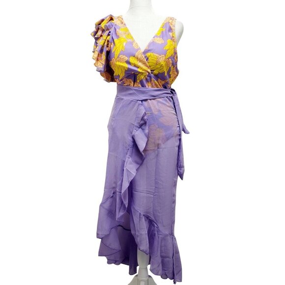 Floral One-Shoulder Ruffled Swimsuit V Neckline Yellow Lavender Womens Size XL - Picture 2 of 15